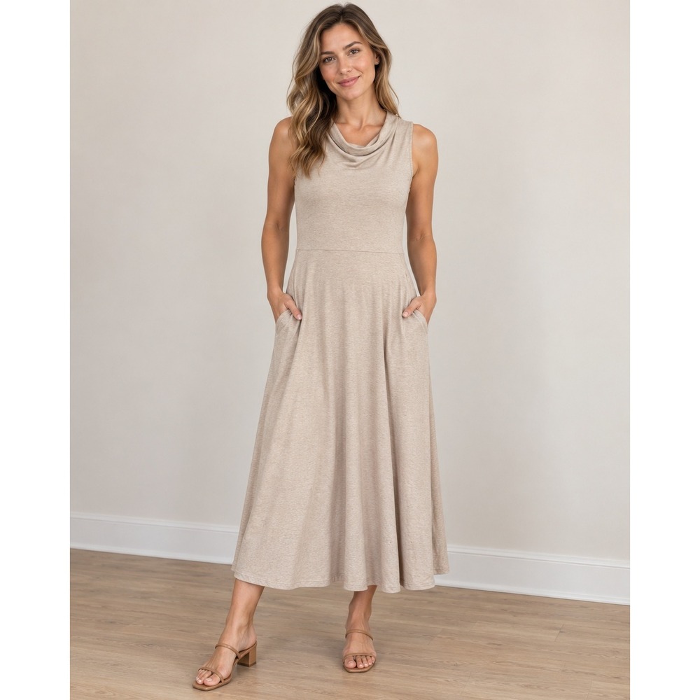 Pact Midi Dress XS Oatmeal Heather Cowl Neck Sleeveless Organic Cotton Pockets